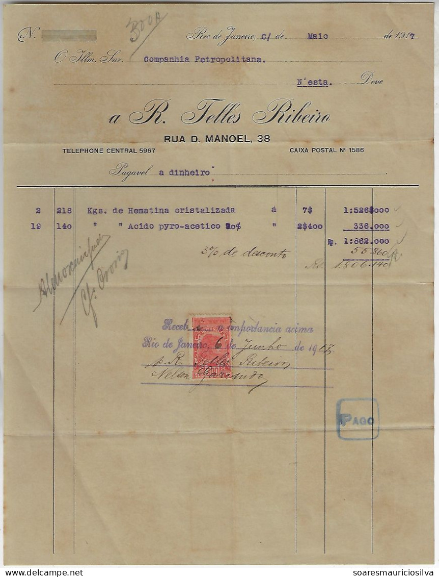 Brazil 1917 R. Telles Ribeiro Invoice Issued In Rio De Janeiro National Treasury Tax Stamp 300 Réis - Covers & Documents