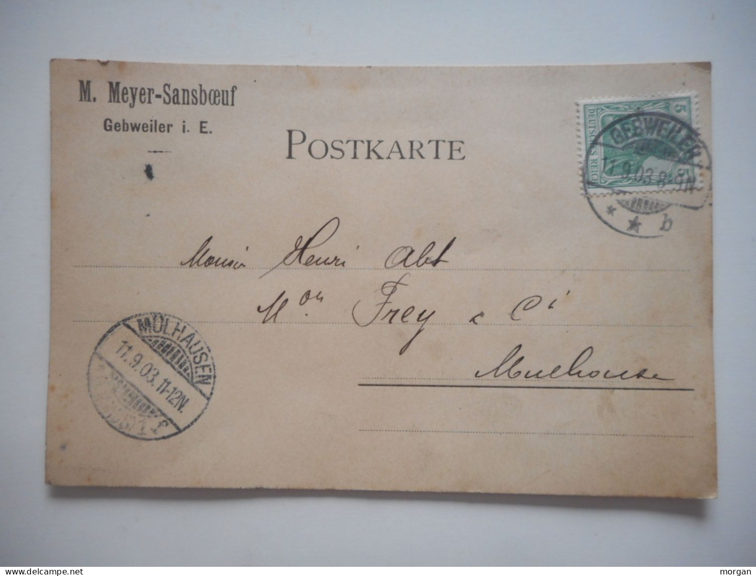 ALSACE, POSTKARTE 1903 GUEBWILLER M. MEYER SANSBOEUF POUR MULHOUSE - Collections (sans Albums)