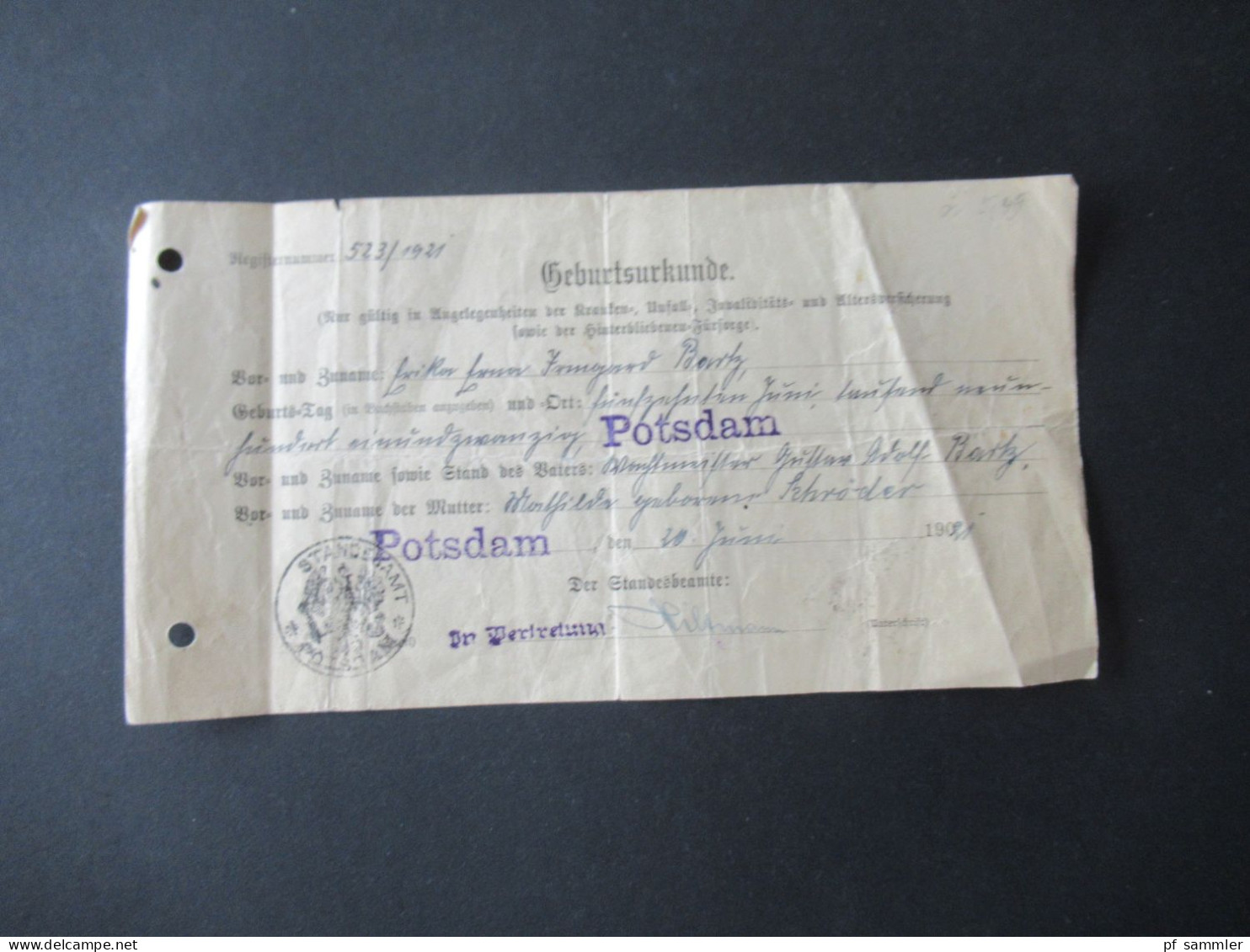 Deutsches Reich 1921 Geburtsurkunde Mit Stempel Potsdam / Standesamt Potsdam - Historical Documents
