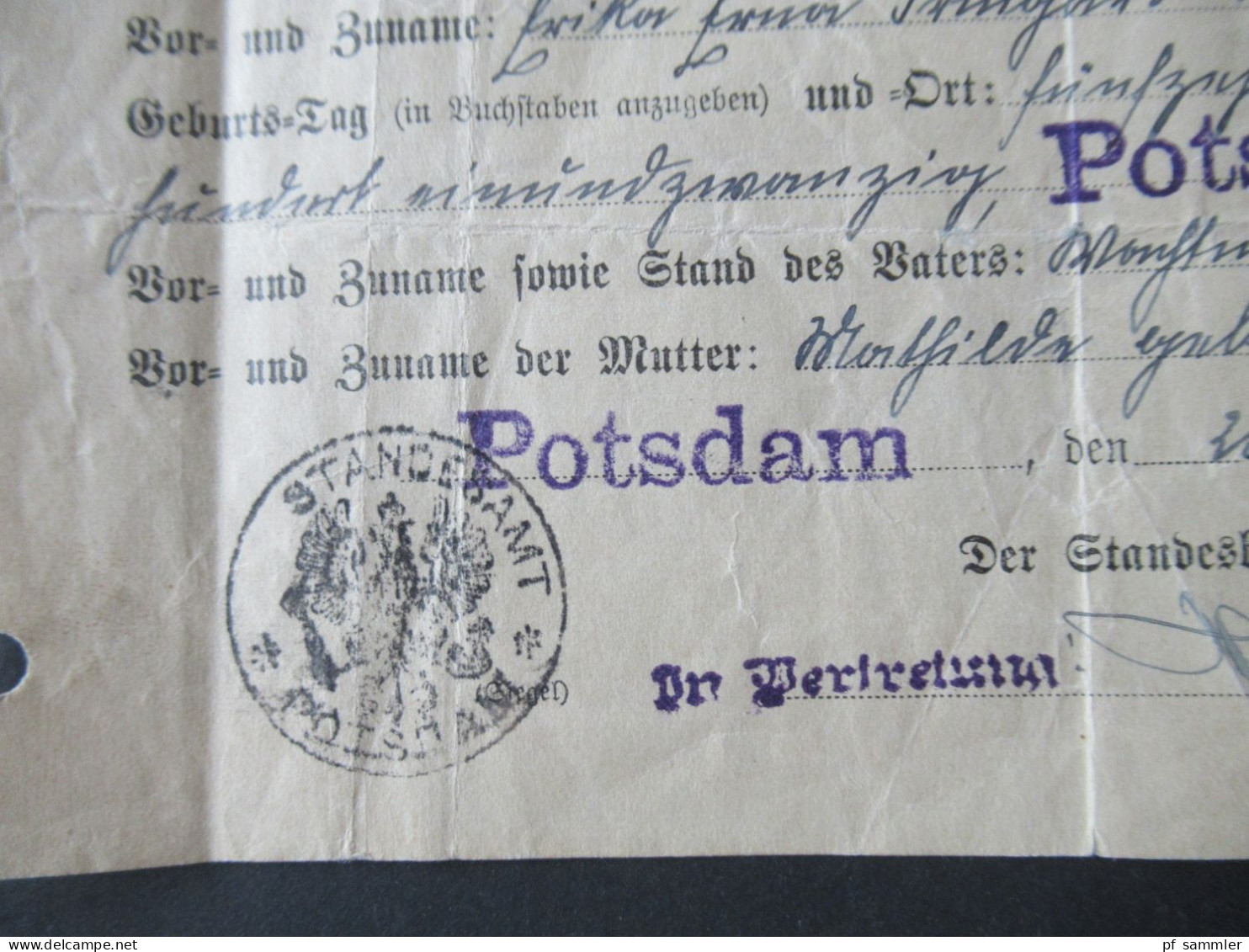 Deutsches Reich 1921 Geburtsurkunde Mit Stempel Potsdam / Standesamt Potsdam - Historical Documents