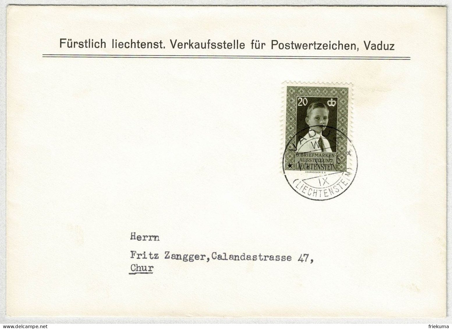 Liechtenstein 1956, Brief Vaduz - Chur, Liechtensteinische Briefmarken-Ausstellung - Briefe U. Dokumente