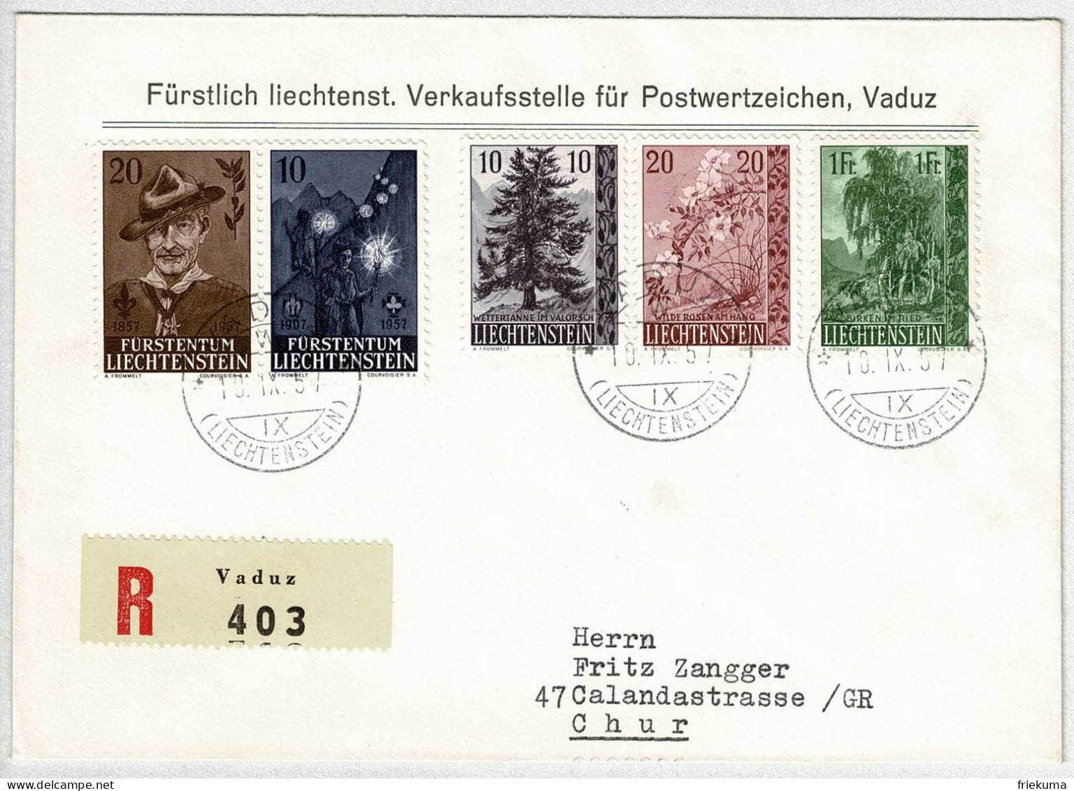 Liechtenstein 1957, Brief Ersttag Einschreiben Vaduz - Chur, Pfadfinder, Bäume, Sträucher - Lettres & Documents