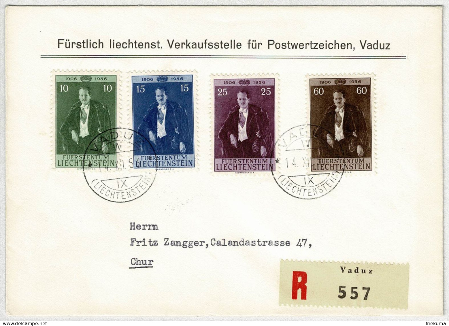 Liechtenstein 1956, Brief Einschreiben Vaduz - Chur, Geburtstag Fürst Franz Josef - Brieven En Documenten