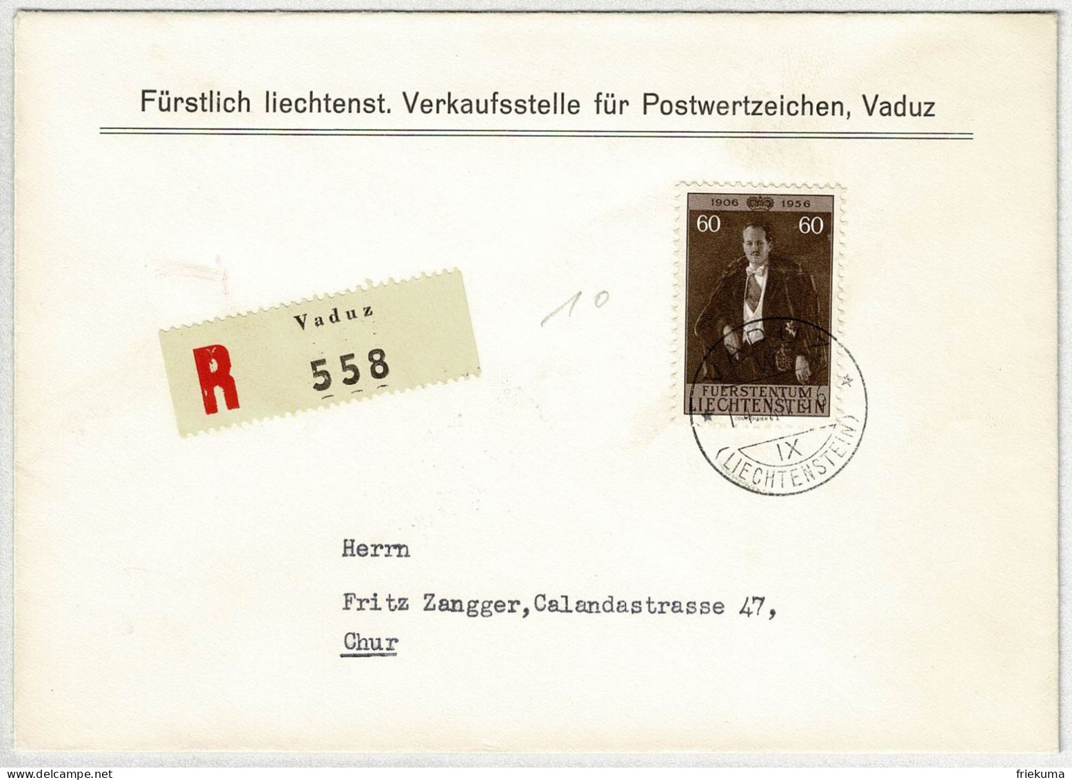 Liechtenstein 1956, Brief Einschreiben Vaduz - Chur, Geburtstag Fürst Franz Josef - Cartas & Documentos