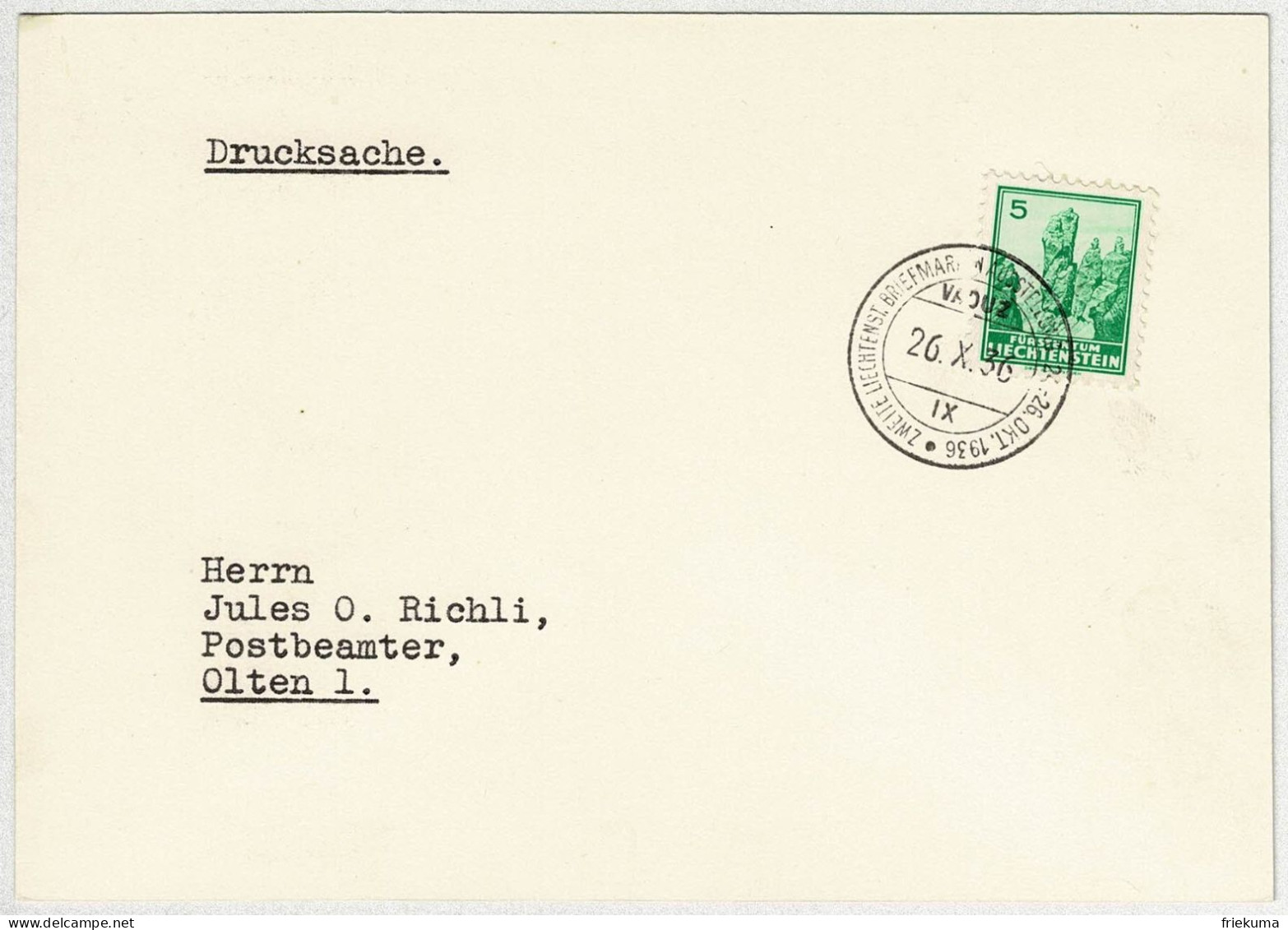 Liechtenstein 1936, Postkarte Briefmarkenausstellung Vaduz - Olten - Briefe U. Dokumente