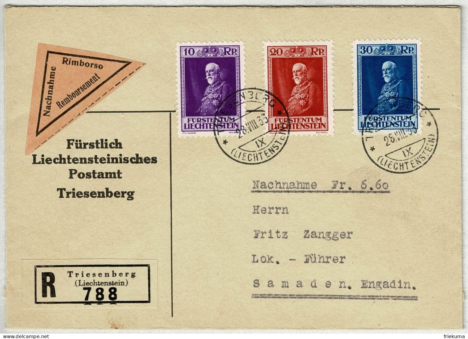 Liechtenstein 1933, Nachnahme Ersttag Triesenberg - Samaden, Geburtstag Fürst Franz - Brieven En Documenten