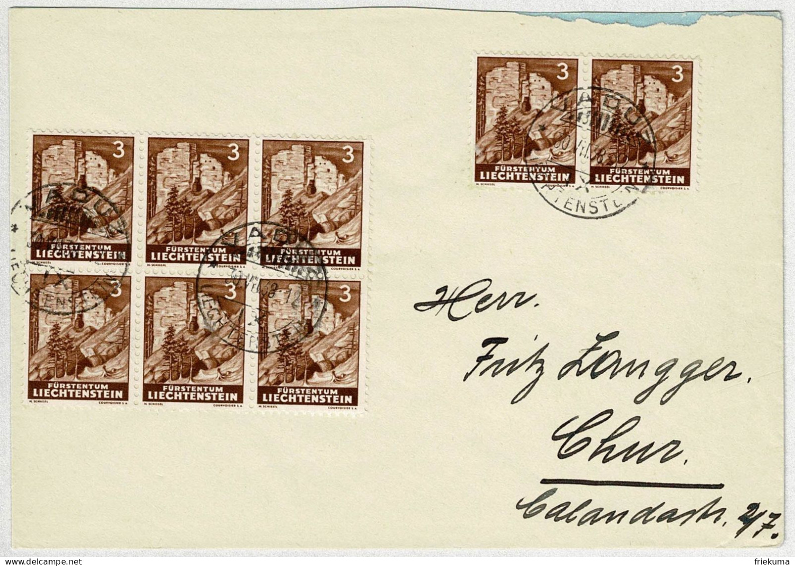 Liechtenstein 1938, Brief Vaduz - Chur, Mehrfachfrankatur Ruine Schalun - Briefe U. Dokumente