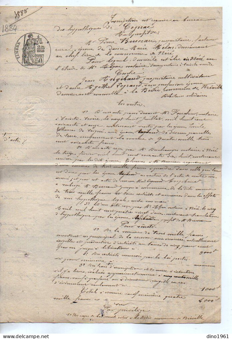 VP22.768 - COGNAC - Acte De 1884 - M. BUSSEAU, Facteur Rural à NERE Contre M. ANGEBAUD à BREVILLE - Manuscrits