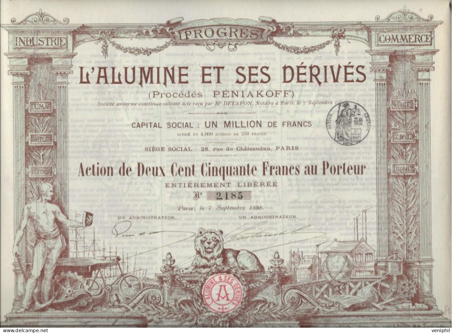 L'ALUMINE ET SES DERIVES - ACTION ILLUSTREE DE DEUX CENT CINQUANTE FRANCS  -ANNEE 1898 - Mines