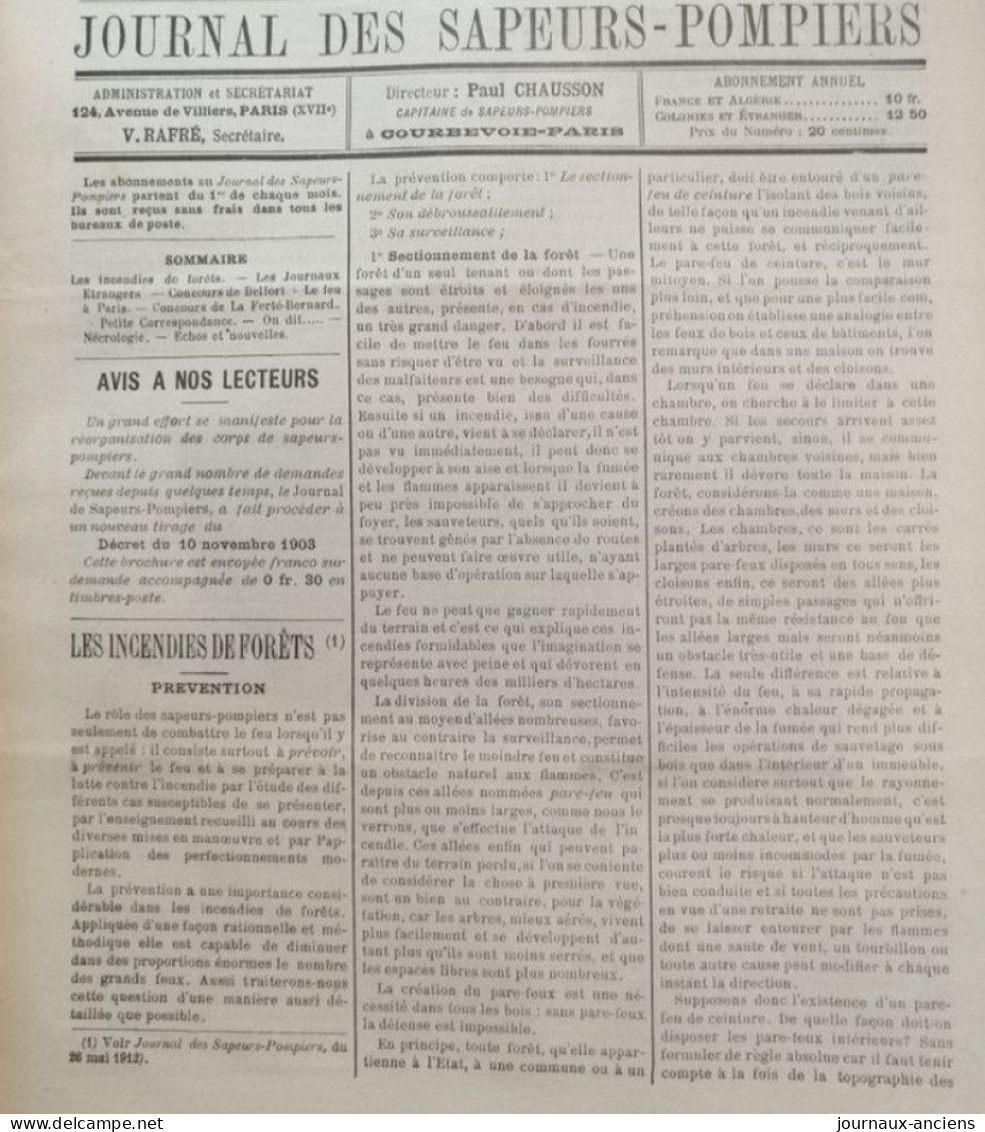 1912 Journal des SAPEURS POMPIERS - INCENDIE DE FORÊTS - CONCOURS DE BELFORT - FEU À PARIS - LE FERTÉ BERNARD