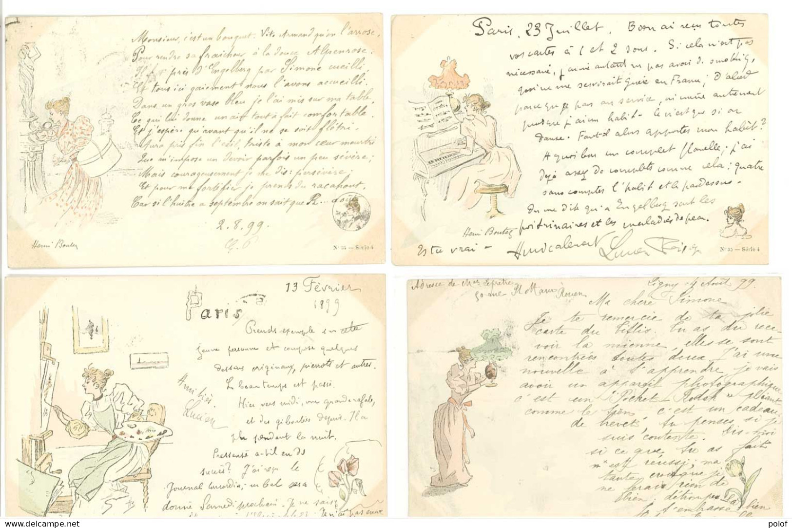 BOUTET Henri - Lot De 4 CPA - Femmes Art Nouveau - Artiste Peintre - Pianiste .... Ayant Voyagé En 1899 (16) - Boutet