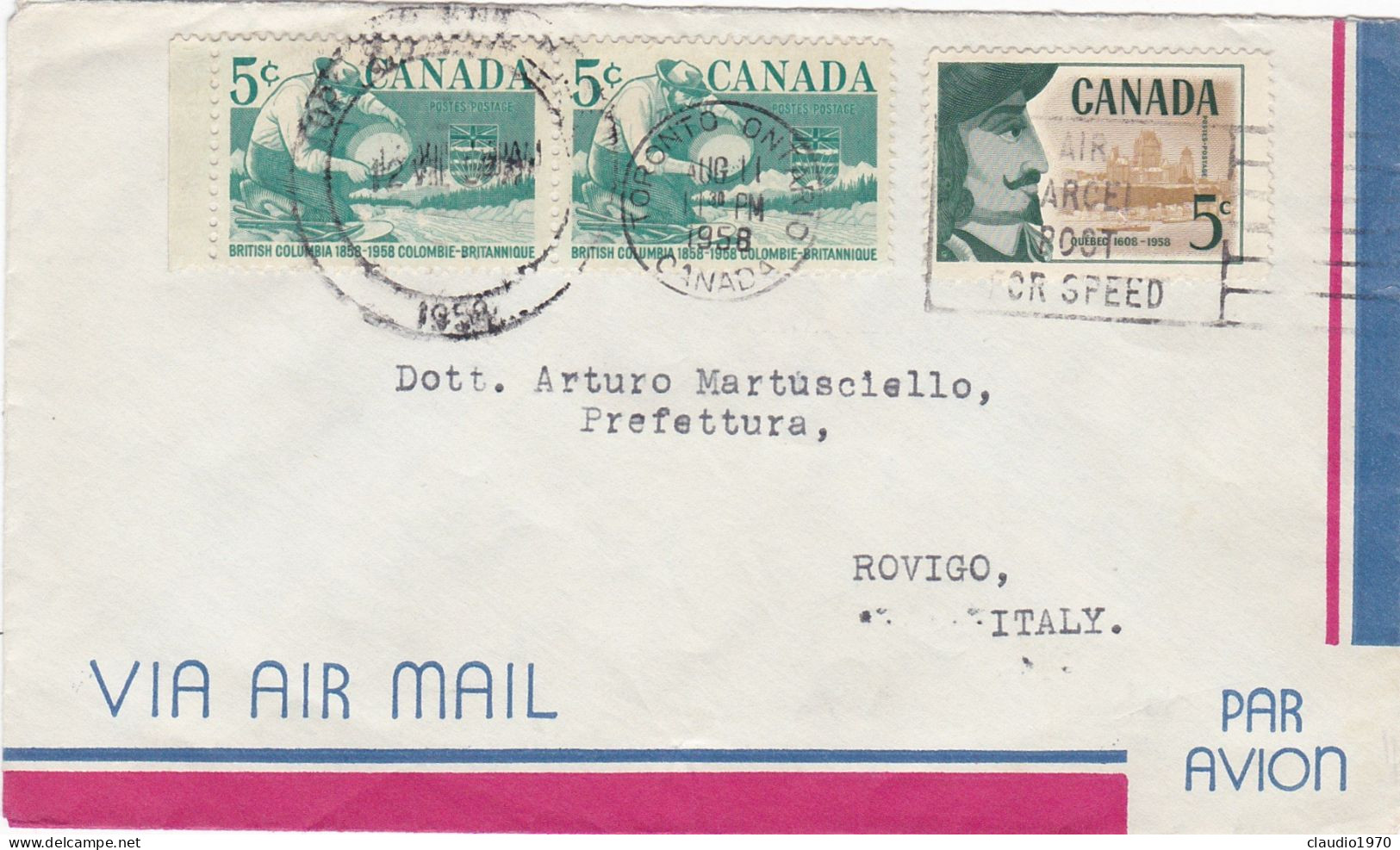 CANADA - BUSTA VIA AIR MAIL - VIAGGIATO PER ROVIGO - ITALIA - 1958 - Storia Postale