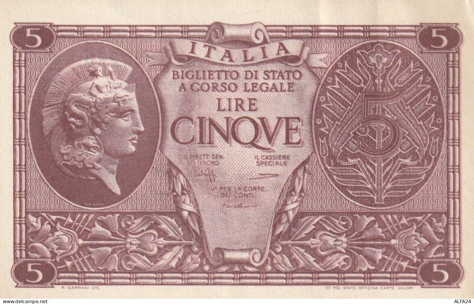 BANCONOTA ITALIA BIGLIETTO STATO 5 AUNC  (B_229 - Italië– 5 Lire