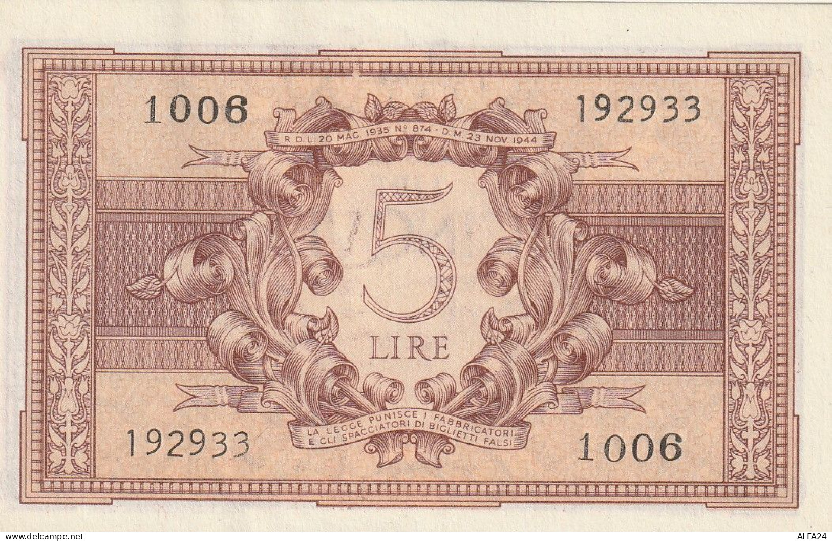 BANCONOTA ITALIA BIGLIETTO STATO 5 AUNC  (B_224 - Italië– 5 Lire