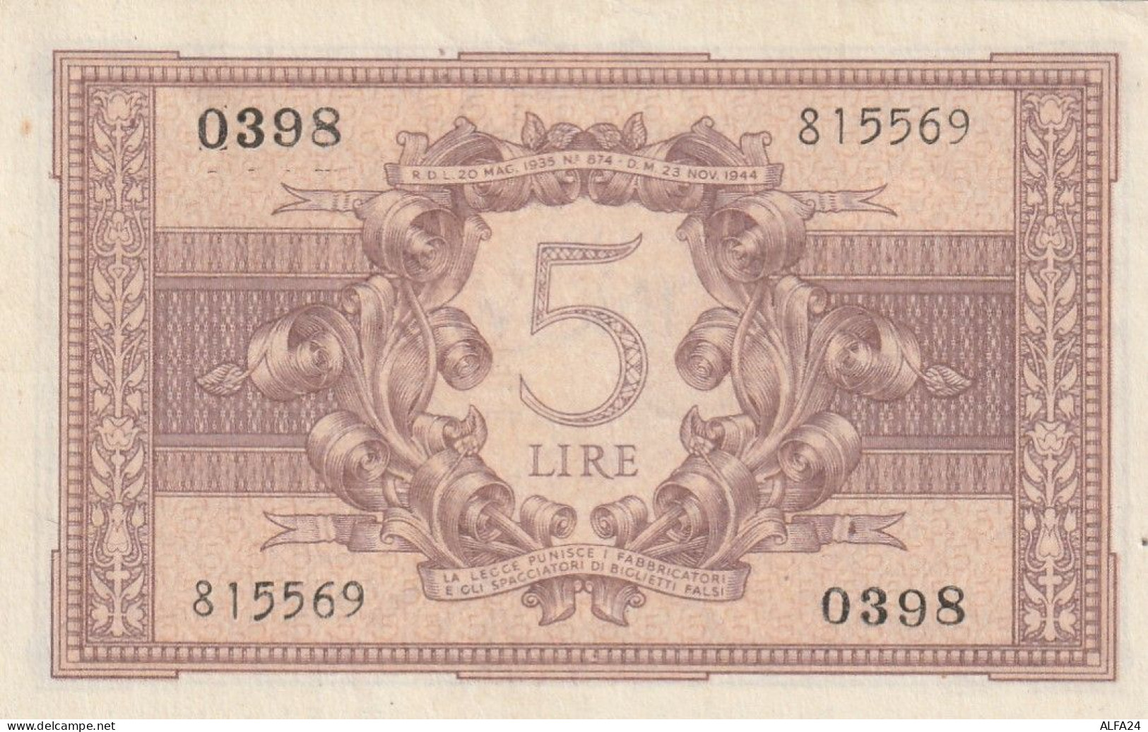 BANCONOTA ITALIA BIGLIETTO STATO 5 UNC  (B_220 - Italia – 5 Lire