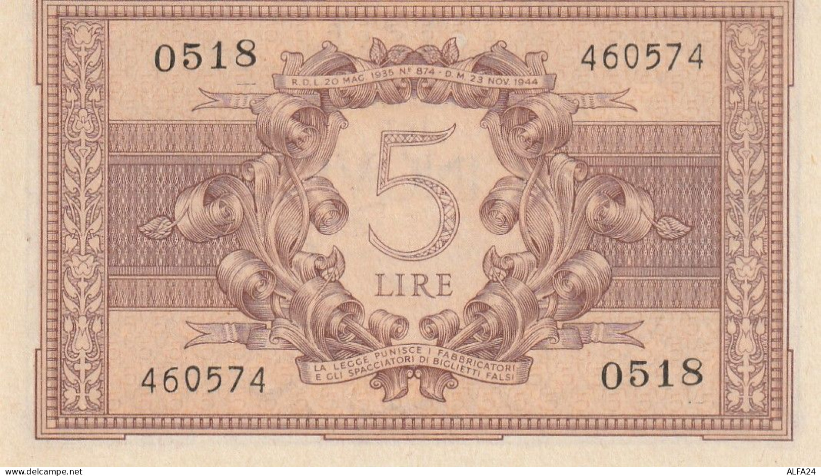 BANCONOTA ITALIA BIGLIETTO STATO 5 UNC  (B_215 - Italië– 5 Lire