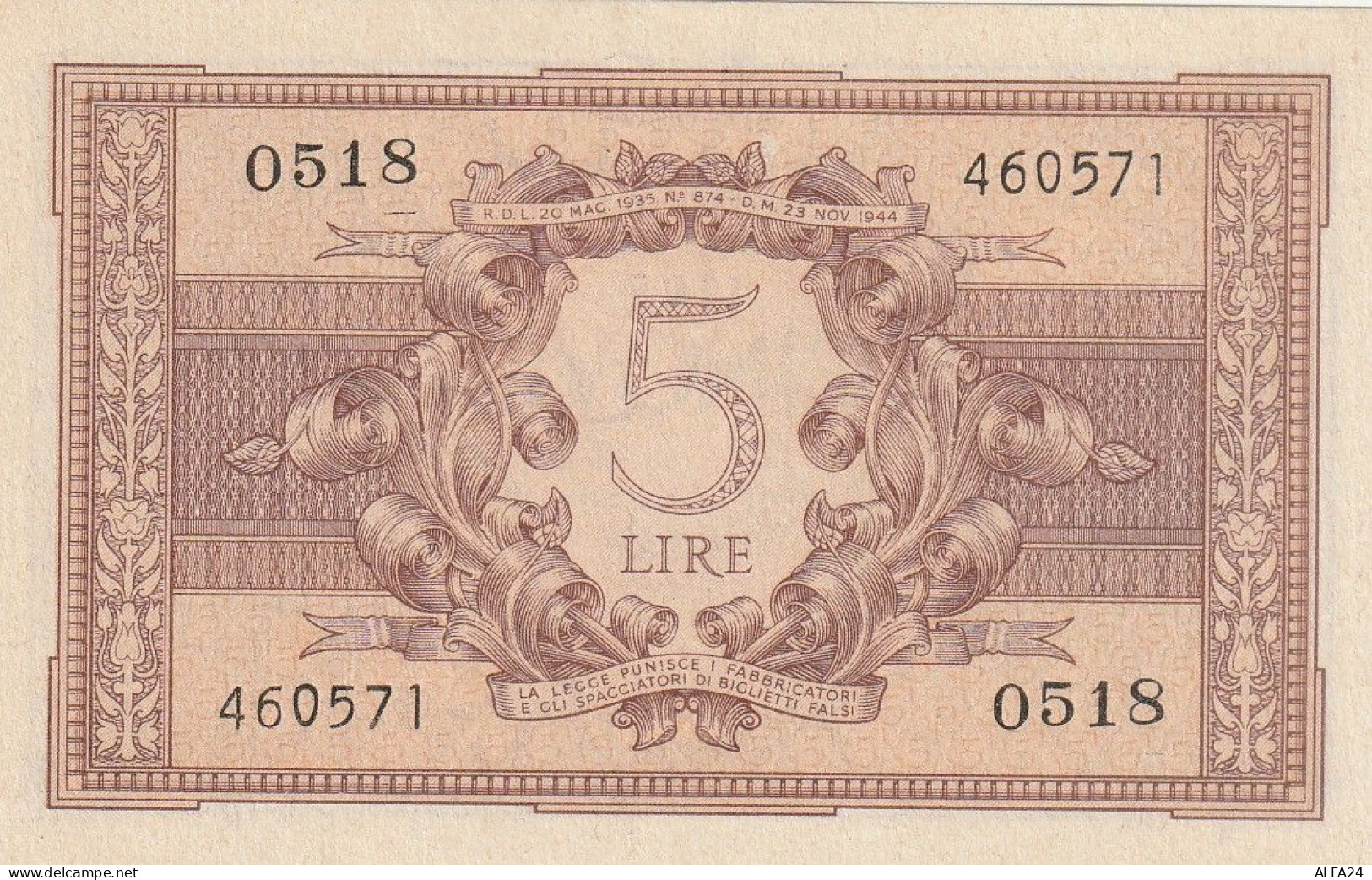 BANCONOTA ITALIA BIGLIETTO STATO 5 UNC  (B_214 - Italia – 5 Lire