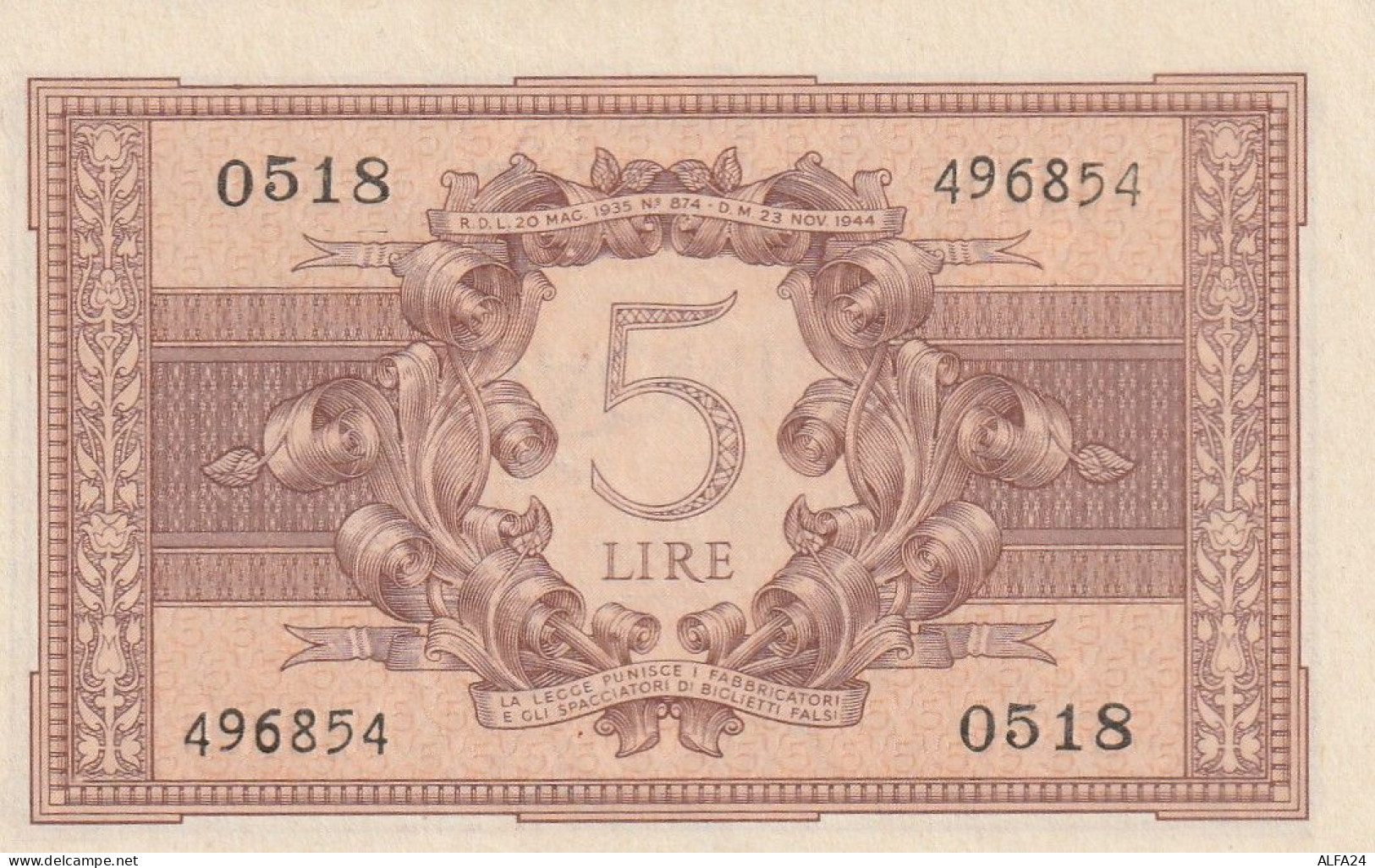 BANCONOTA ITALIA BIGLIETTO STATO 5 UNC  (B_212 - Italië– 5 Lire