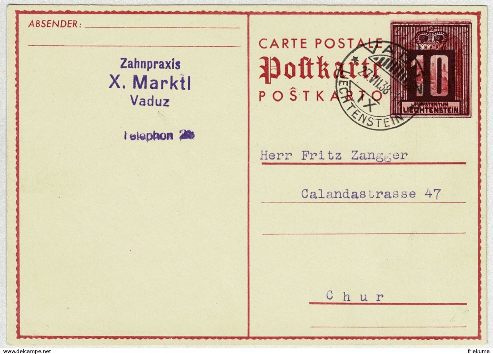 Liechtenstein 1938, Ganzsachen-Karte Vaduz - Chur, Mit Aufdruck Neuer Wert - Interi Postali