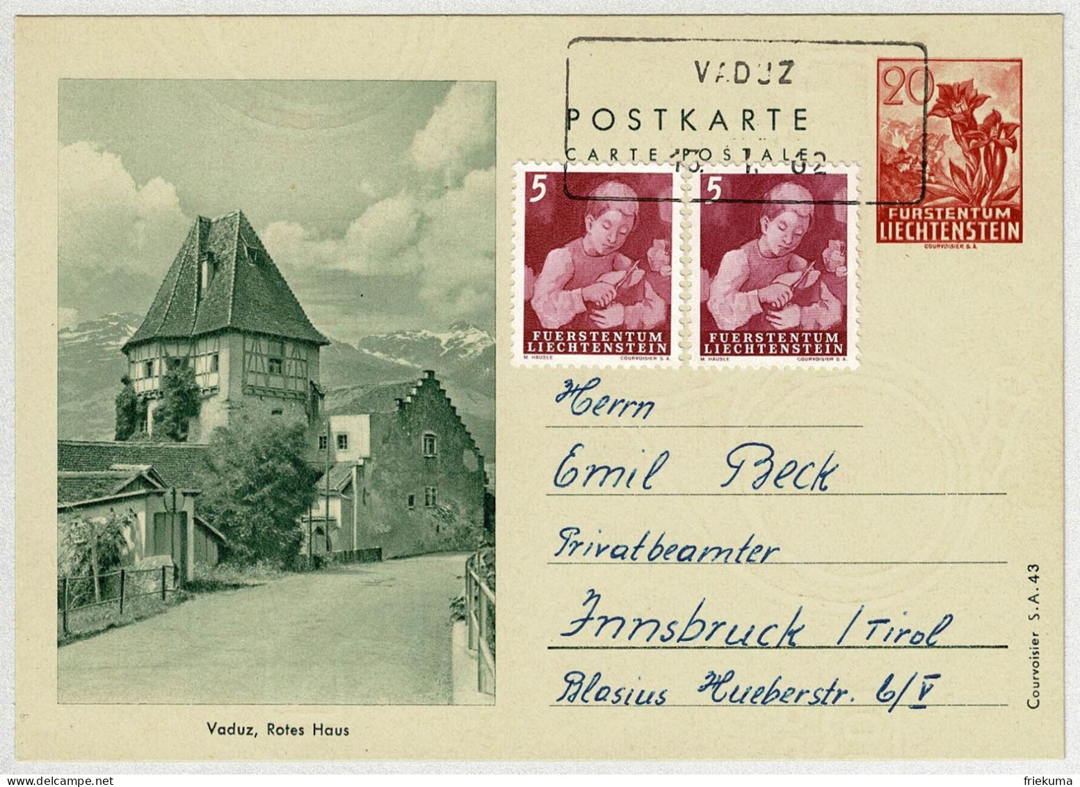 Liechtenstein 1962, Ganzsachen-Karte Rotes Haus Vaduz - Innsbruck (Oesterreich), Aushilfsstempel, Enzian - Interi Postali