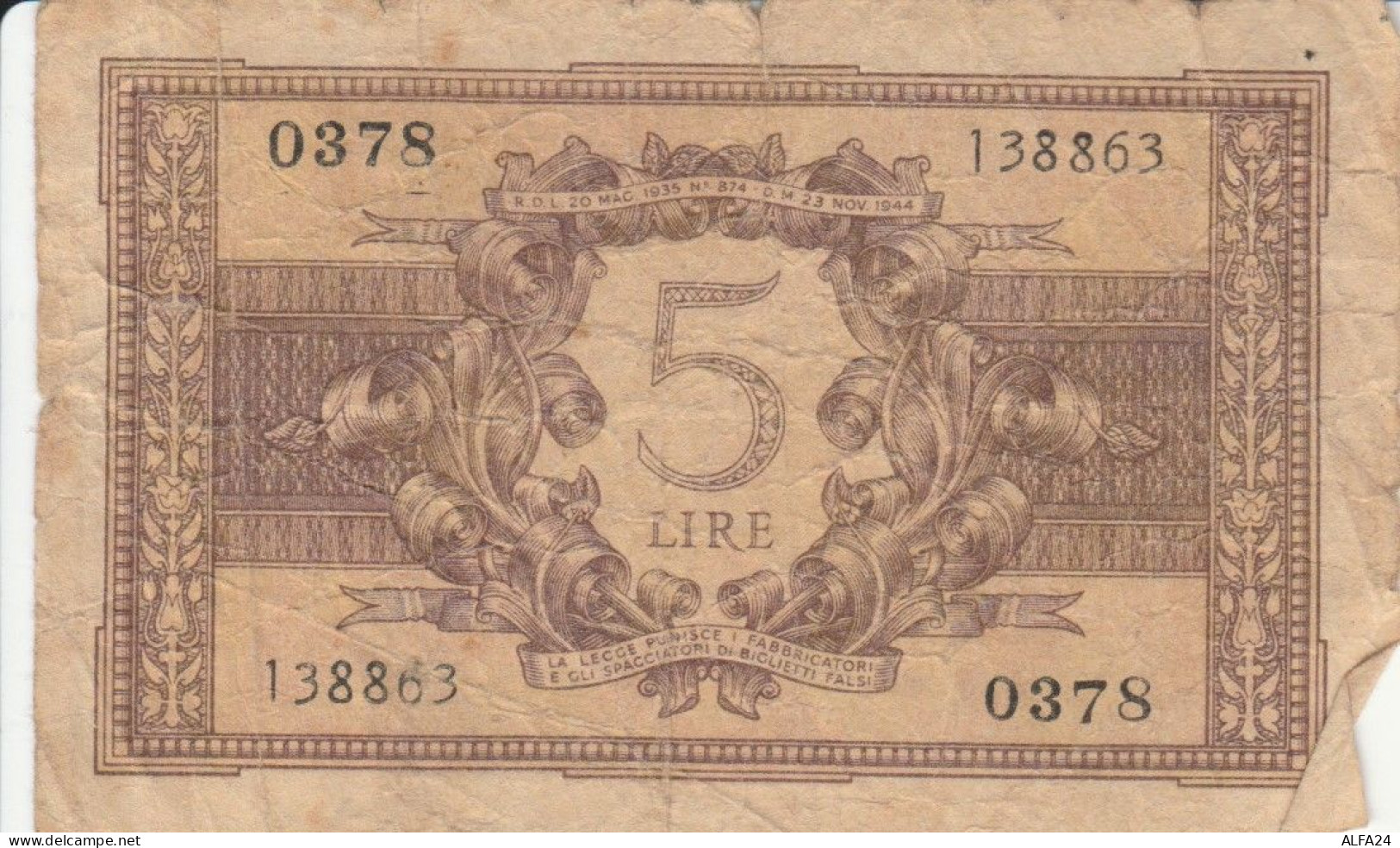 BIGLIETTO DI STATO  ITALIA 5 LIRA - F (BN155 - Italia – 5 Lire