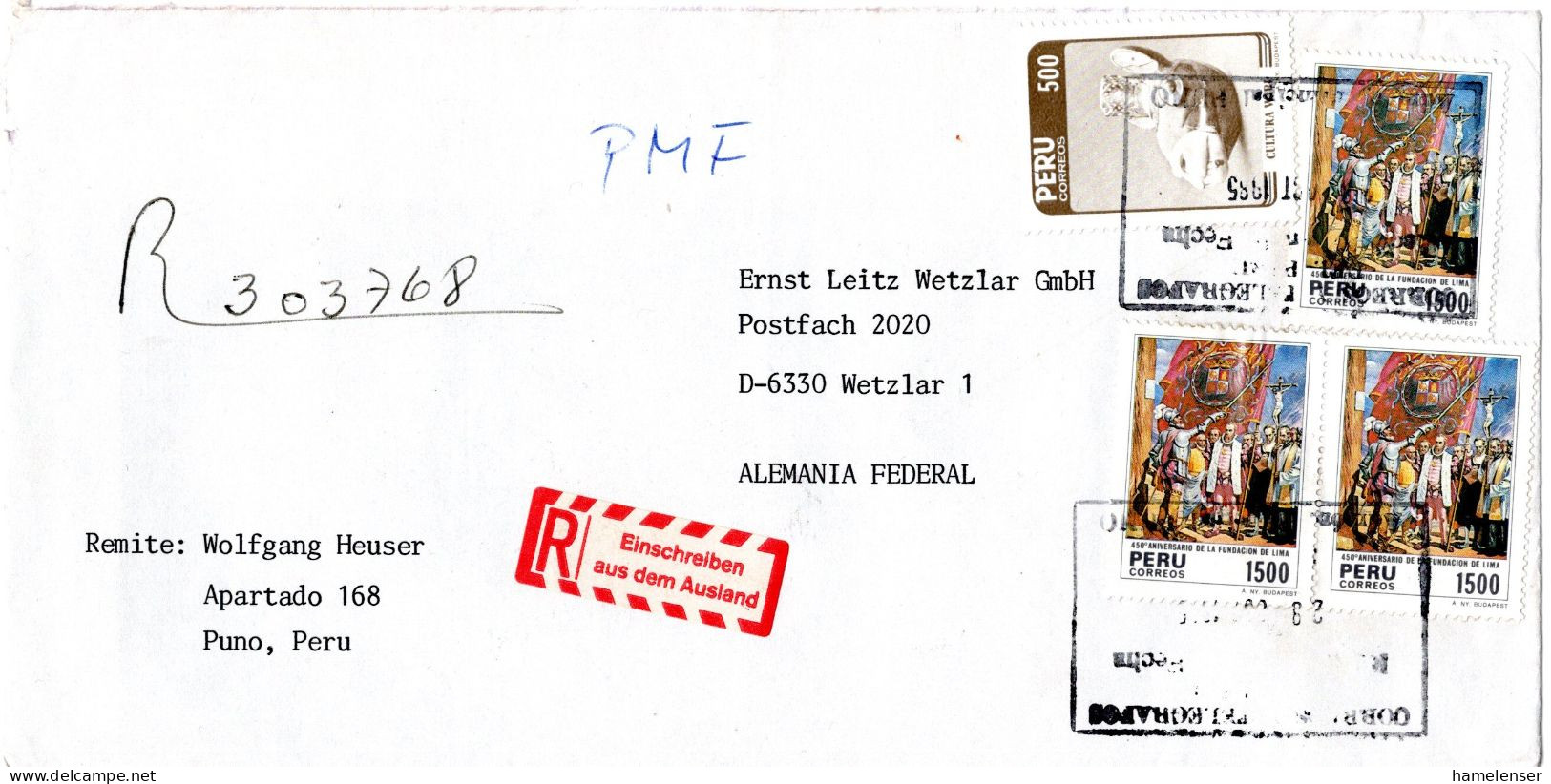 L73341 - Peru - 1985 -3@1500I Lima MiF A R-Bf PUNO -> Westdeutschland, M Dt R-Aufkleber - Perú