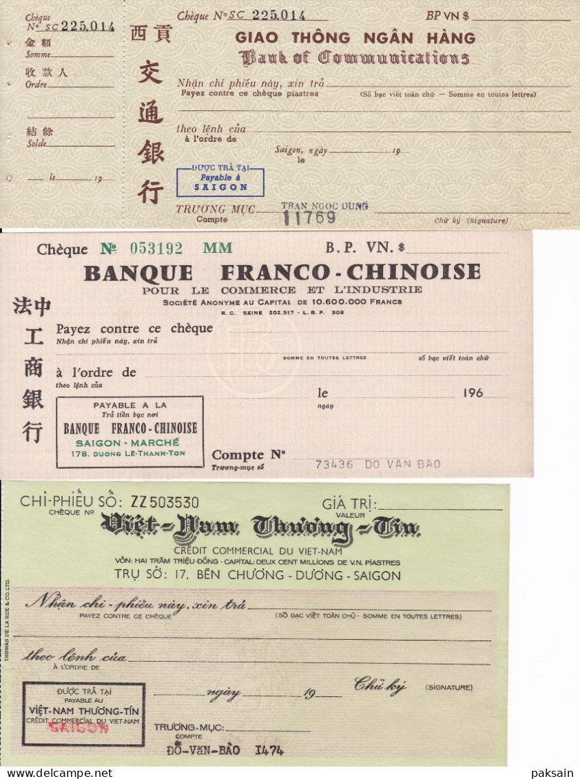 Saigon 3 Chèques 1960 Banque Franco-Chinoise Crédit Commercial Du Vietnam Indochine Chine Chèque Cheque Asie - Chèques & Chèques De Voyage