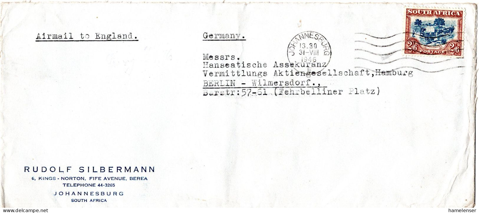 L73345 - Südafrika - 1946 - 2'6 Treck EF A LpBf JOHANNESBURG -> Westberlin - Cartas