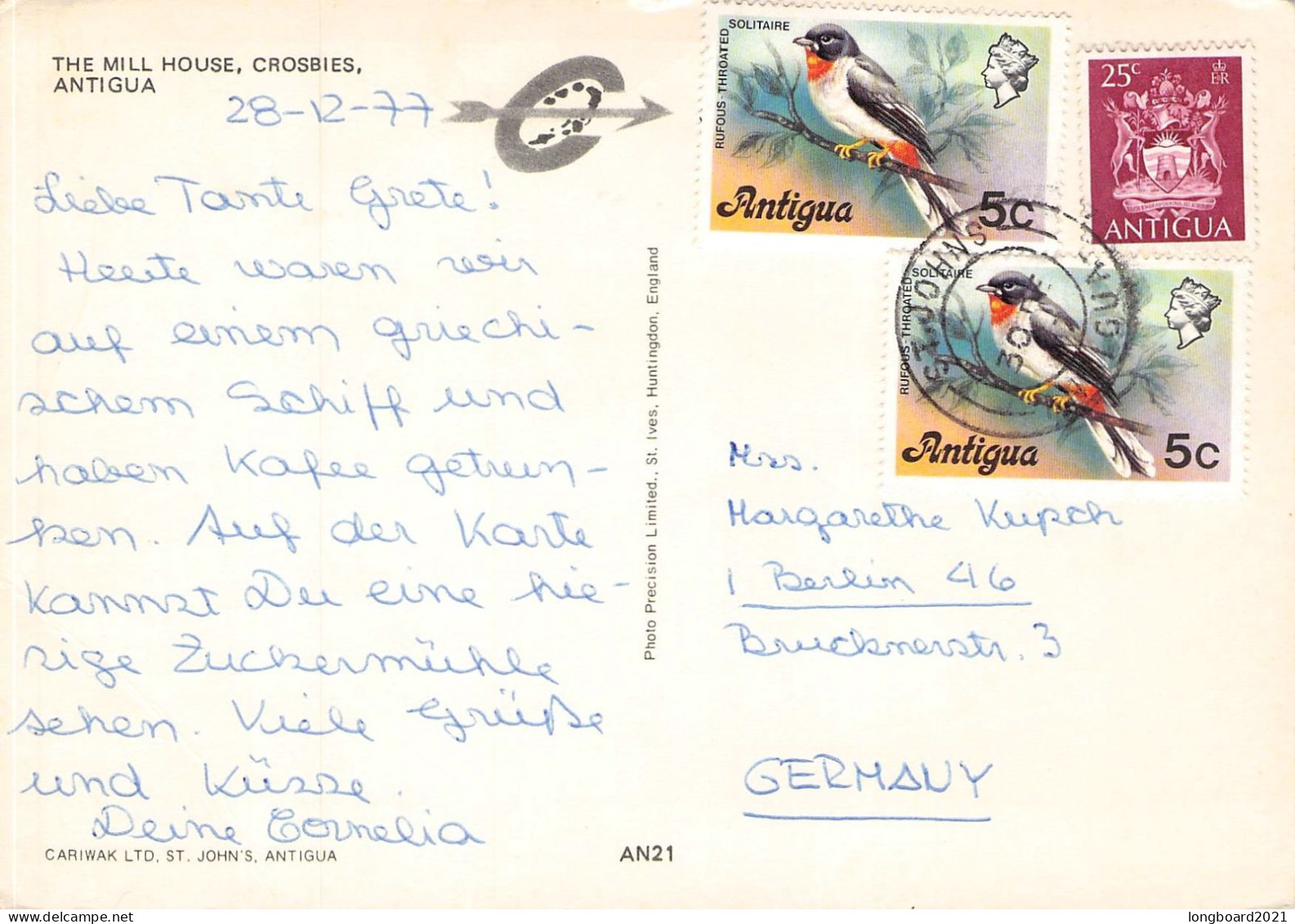 ANTIGUA - PICTURE POSTCARD 1977 - BERLIN/DE /1351 - Antigua Und Barbuda (1981-...)