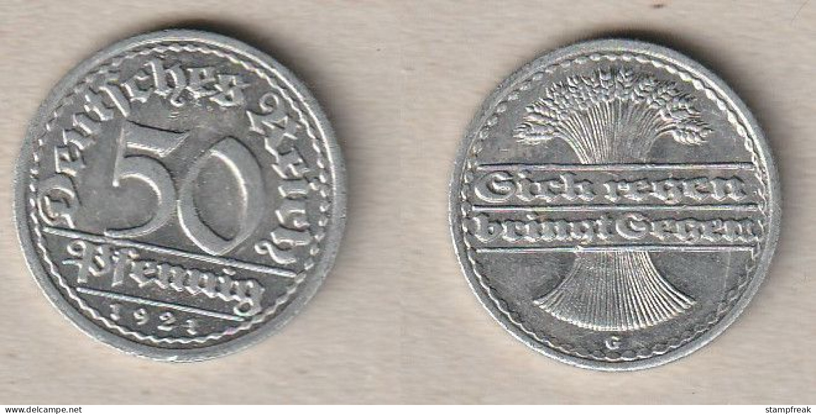 00755) Deutschland, 50 Pfennig 1921 G - 50 Rentenpfennig & 50 Reichspfennig