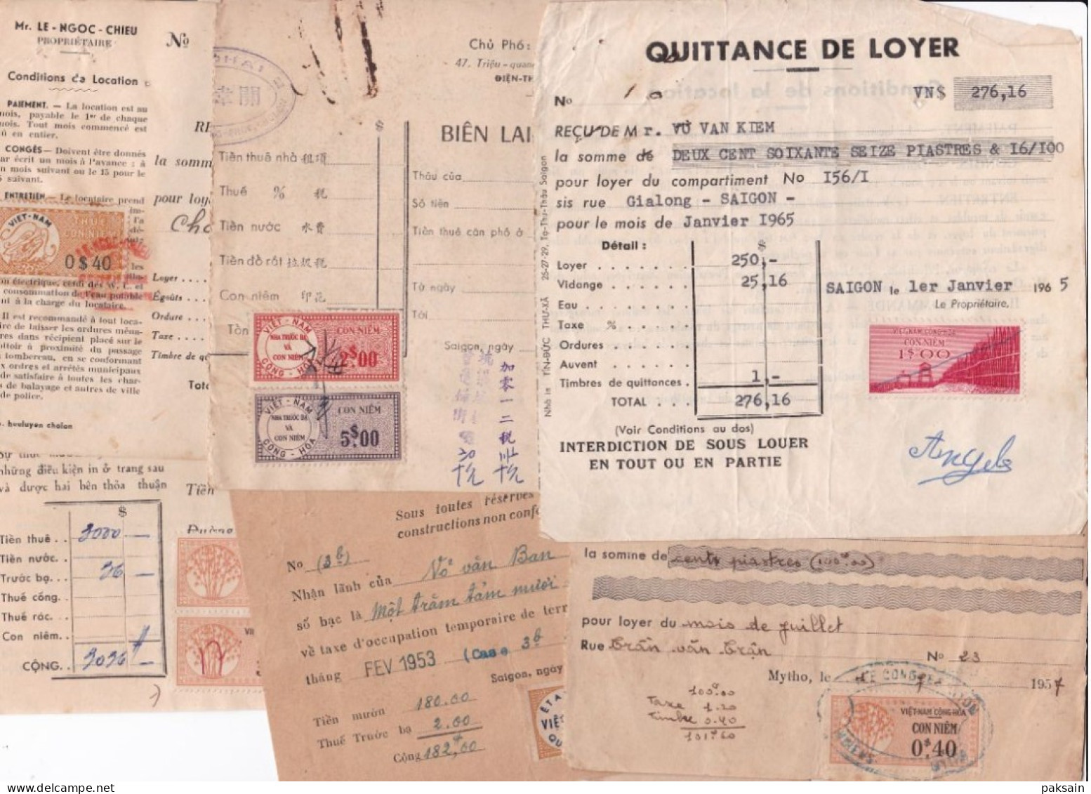 Vietnam Lot 9 Quittances De Loyer Avec Timbres Fiscaux En Piastre Cochinchine Saigon Cholon Timbre Fiscal Indochine - Other & Unclassified