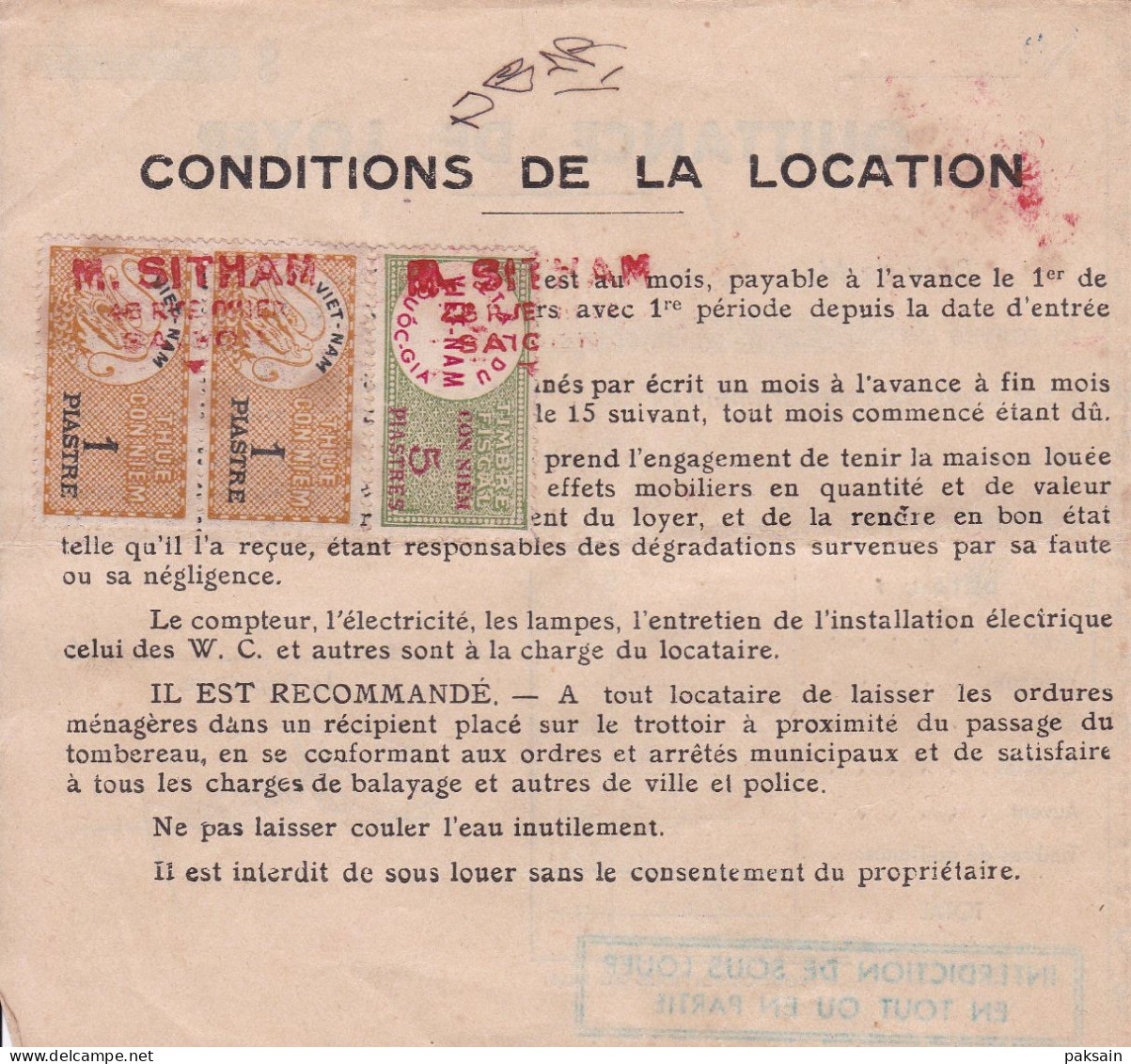 Vietnam Lot 9 Quittances De Loyer Avec Timbres Fiscaux En Piastre Cochinchine Saigon Cholon Timbre Fiscal Indochine - Autres & Non Classés