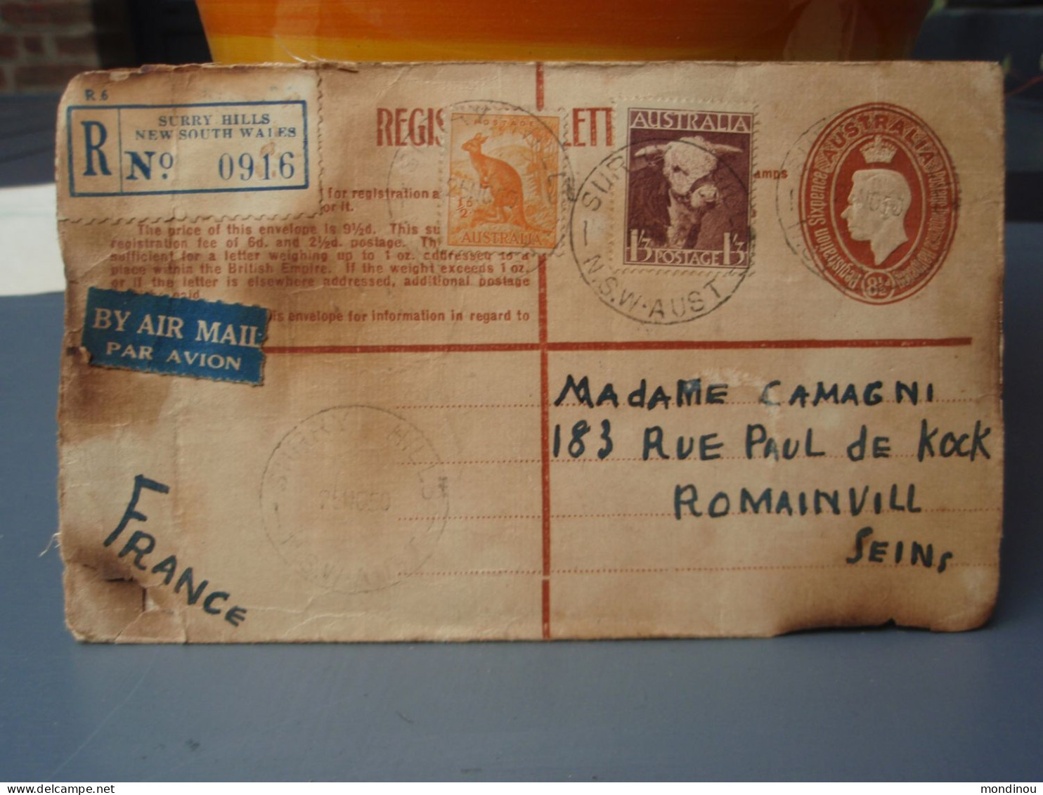 Enveloppe Recommandée D'Australie 1950 - Surry Hills -adressée à Romainville - Usati