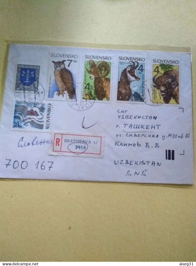 Slovakia.envelope Of 1st Years(1996)reg.to Uzbekistan.fauna AND Owl  & Other Stamps.bratislva.e7 Reg Post Conmem - Lettres & Documents