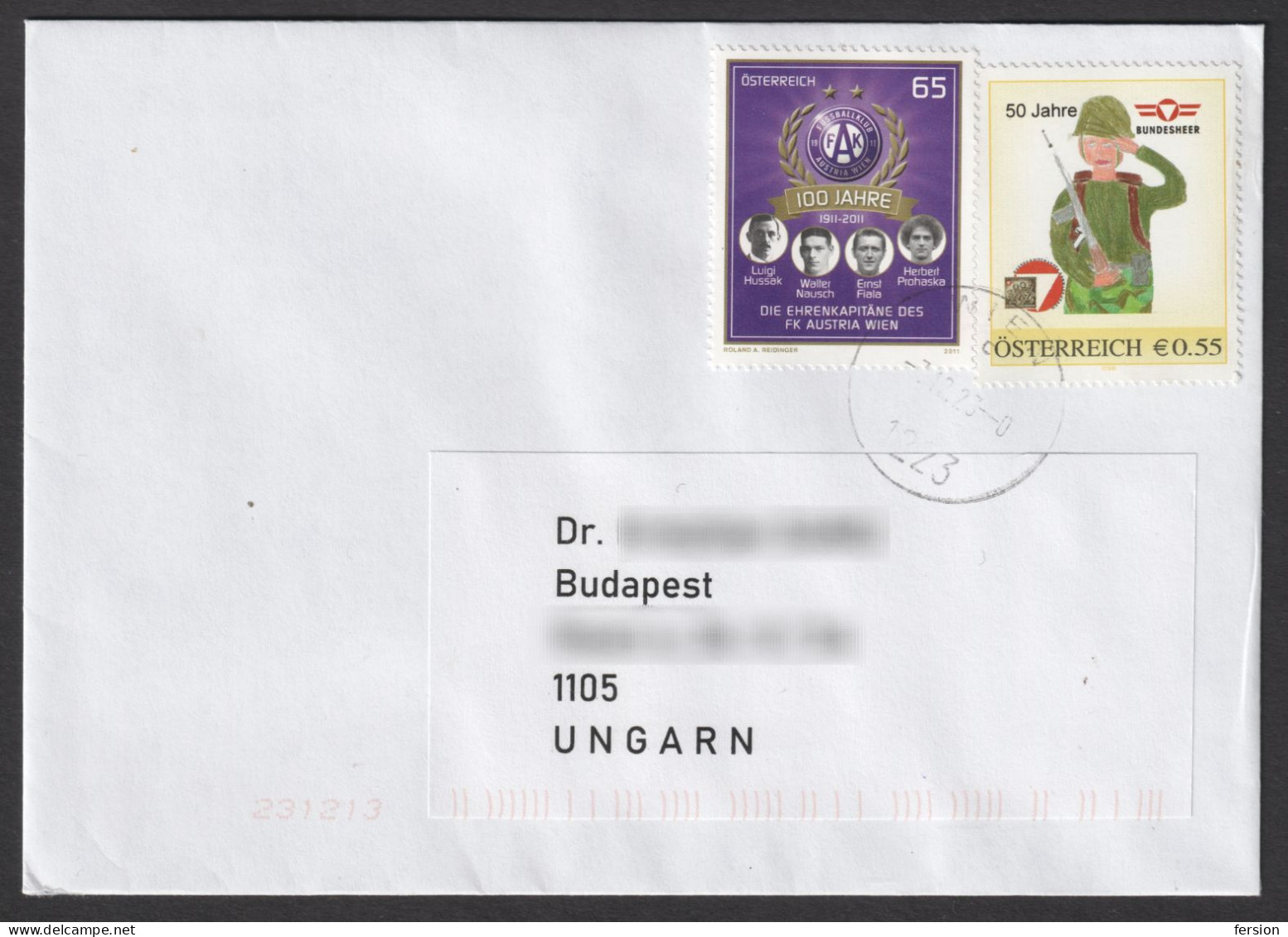 SOCCER Football FK FC WIEN 2011 / Austria Armed Forces Bundesheer SOLDIER Rifle Gun Personal Stamp LETTER COVER Hungary - Clubs Mythiques