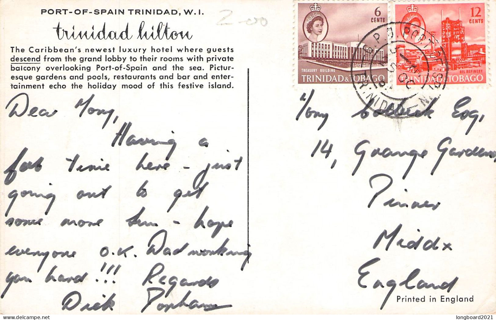 TRINIDAD & TOBAGO - PICTURE POSTCARD 1962 - ENGLAND /1363 - Trinité & Tobago (1962-...)