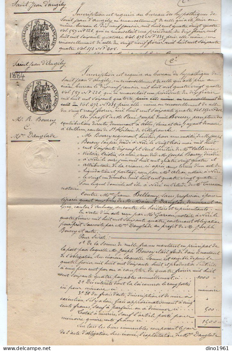 VP22.771 - SAINT JEAN D'ANGELY - 3 Actes De 1884 - M. BOURCY, Percepteur à ABLIS Contre Mme DANGLADE à GICQ - Manuscrits