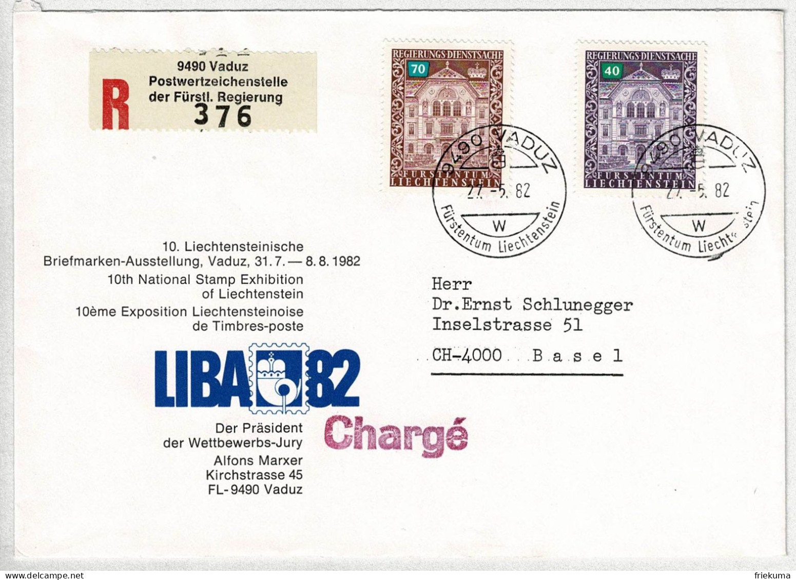 Liechtenstein 1982, Brief Dienstsache Einschreiben Vaduz - Basel - Dienstzegels