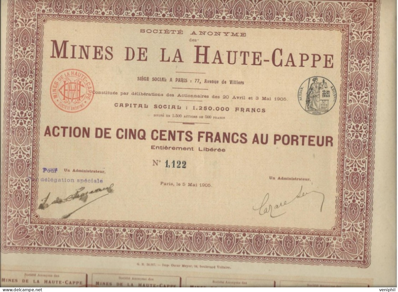 MINES DE LA HAUTE-CAPPE -LORETTE-LOIRE - ACTION DE CINQ CENTS FRS -TIRAGE 2500 - ANNEE  1905 -  RARE - Mineral