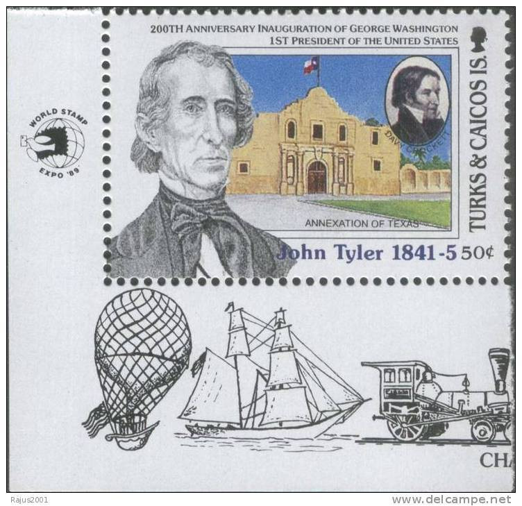 John Tyler,  American President, Annexation Of Texas, Balloon, Ship, MNH Turks & Caicos - Antilles