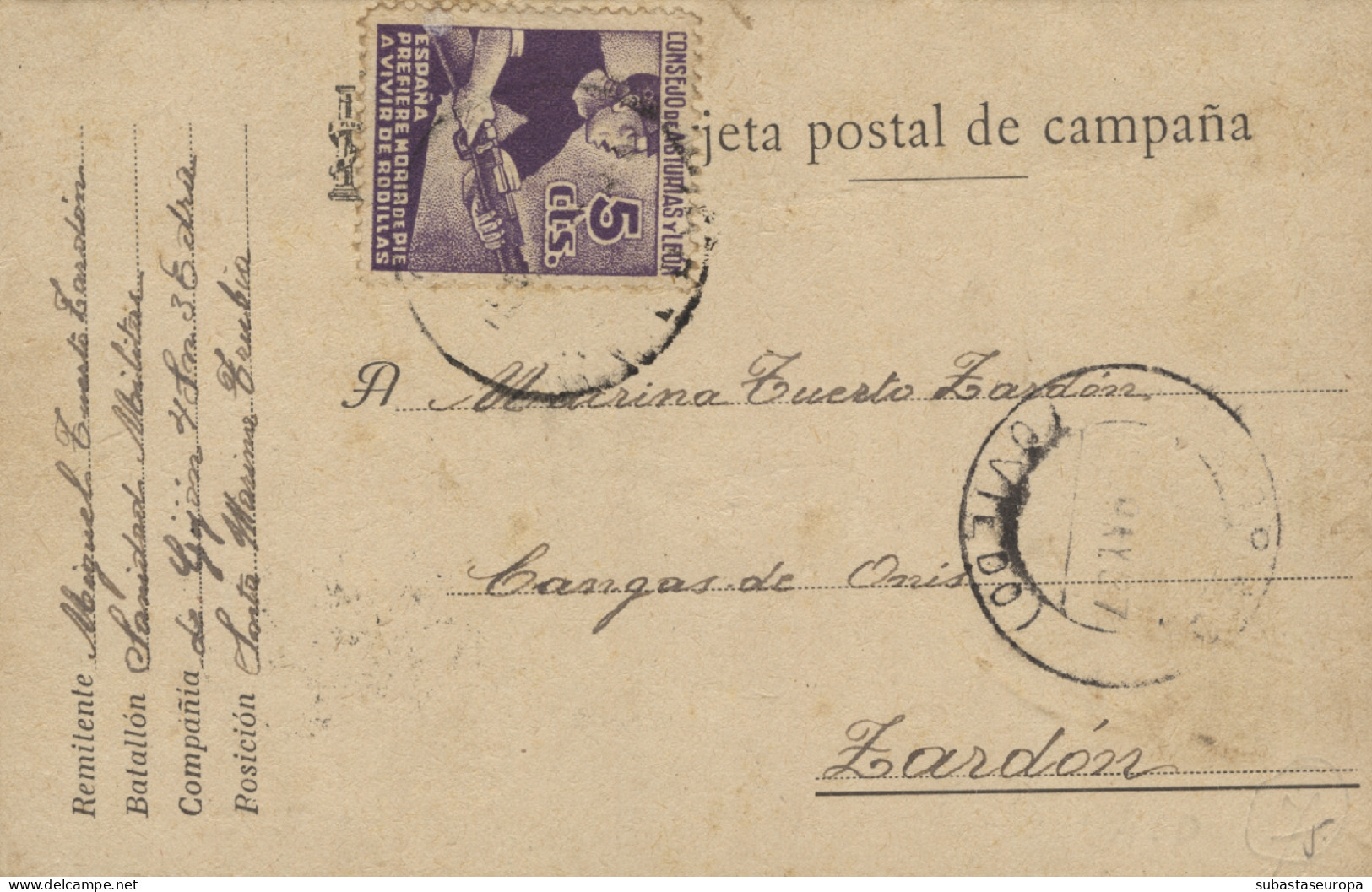 Tarjeta Circulada De Santa María De Trubia A Zardón, Con Sello De Asturias Y León, El 14/5/37. - Marques De Censures Républicaines