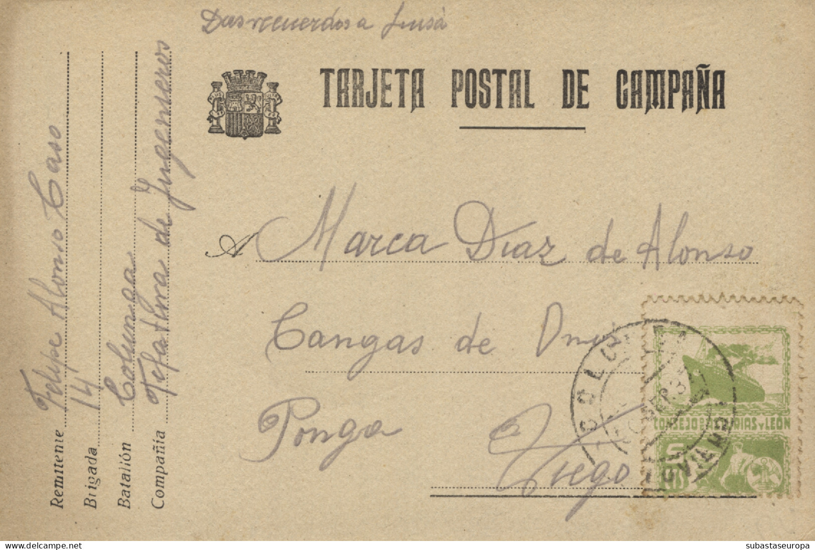 Tarjeta De Campaña Circulada De Colunga A Ponga (Asturias), El 29/9/37. Franqueo Con Sello De Asturias Y León. - Marques De Censures Républicaines