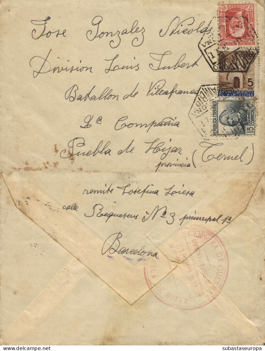 Carta Circulada De Barcelona A Puebla De Híjar (Teruel), Frente De Aragón (División Luís Jubert), El 15/5/37. Al Dorso - Republicans Censor Marks