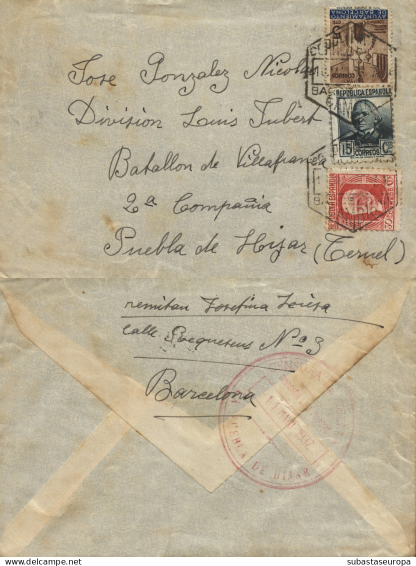 Carta Circulada De Barcelona A Puebla De Híjar (Teruel), Frente De Aragón (División Luís Jubert), El 11/5/37. Al Dorso  - Republicans Censor Marks