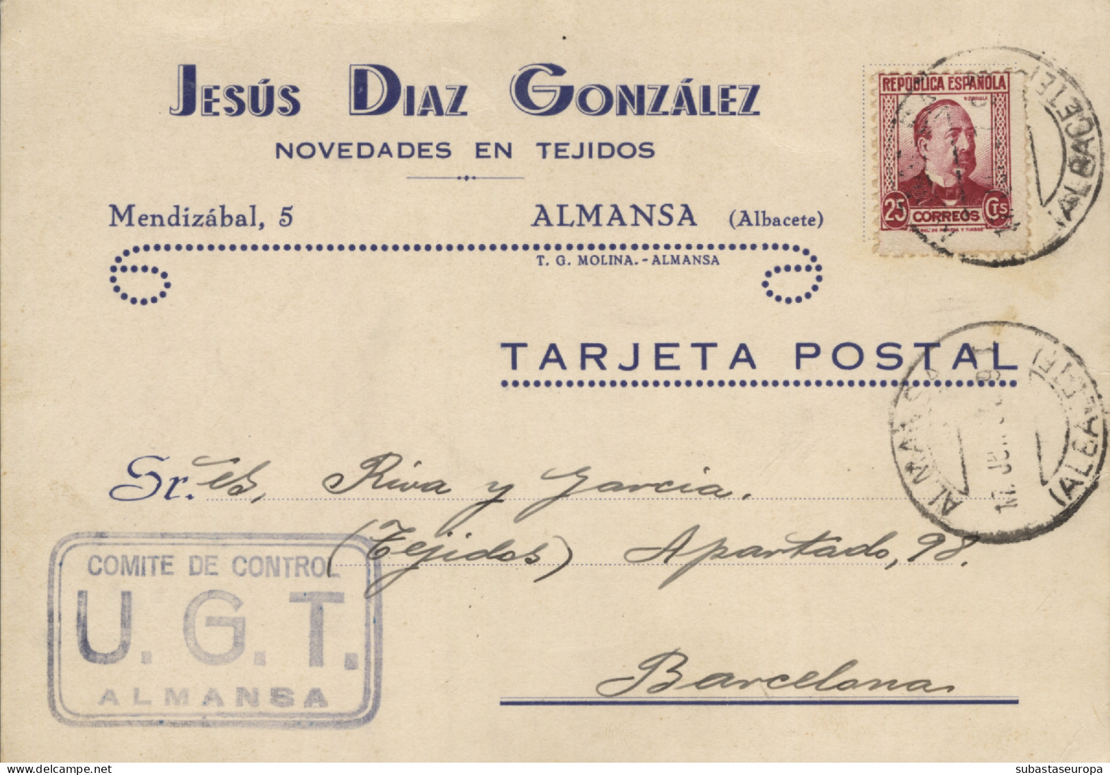 Tarjeta Comercial Con La Marca "Comité Control UGT Almansa", El 25/6/37. Dirigida A Barcelona. - Marcas De Censura Republicana