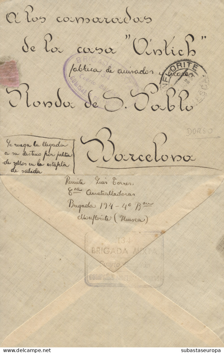 Carta Circulada De Monflorite (Huesca) A Barcelona, Año 1937. Marca "Brigada Mixta 134 - Cuarto Batallón - - Marcas De Censura Republicana