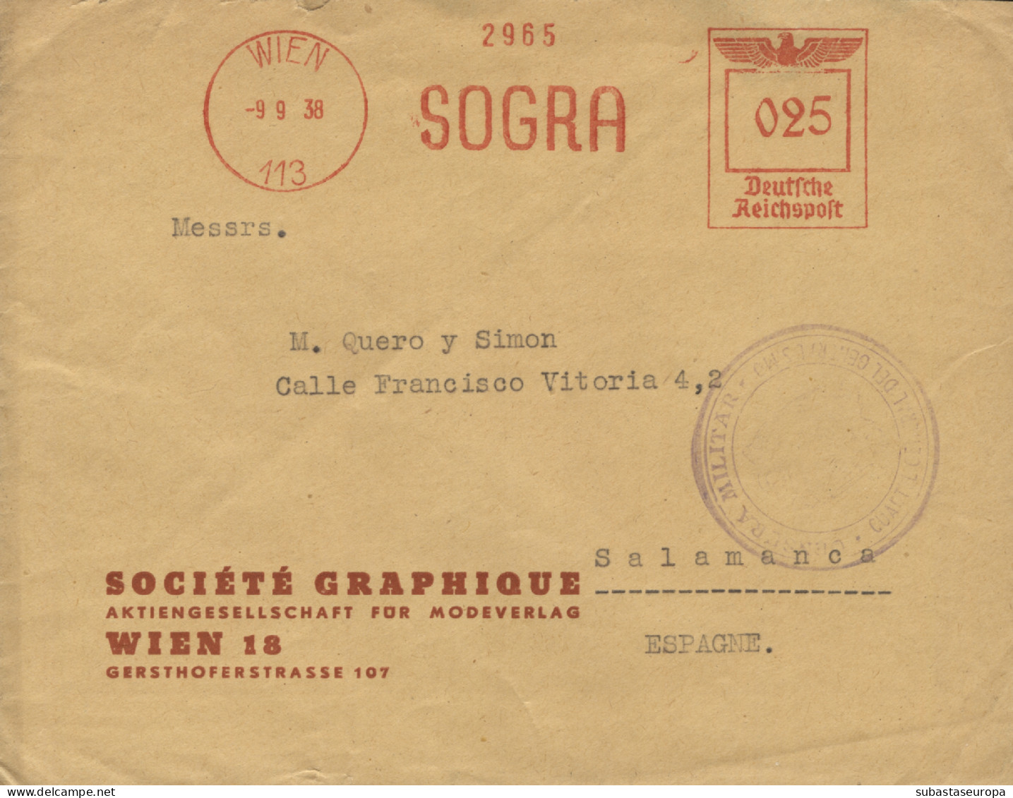 Carta Circulada De Viena(Austria) A  Salamanca, El 9/9/38. Marca "Censura Miliar / Cuartel General Del Generalísimo". - Republikanische Zensur