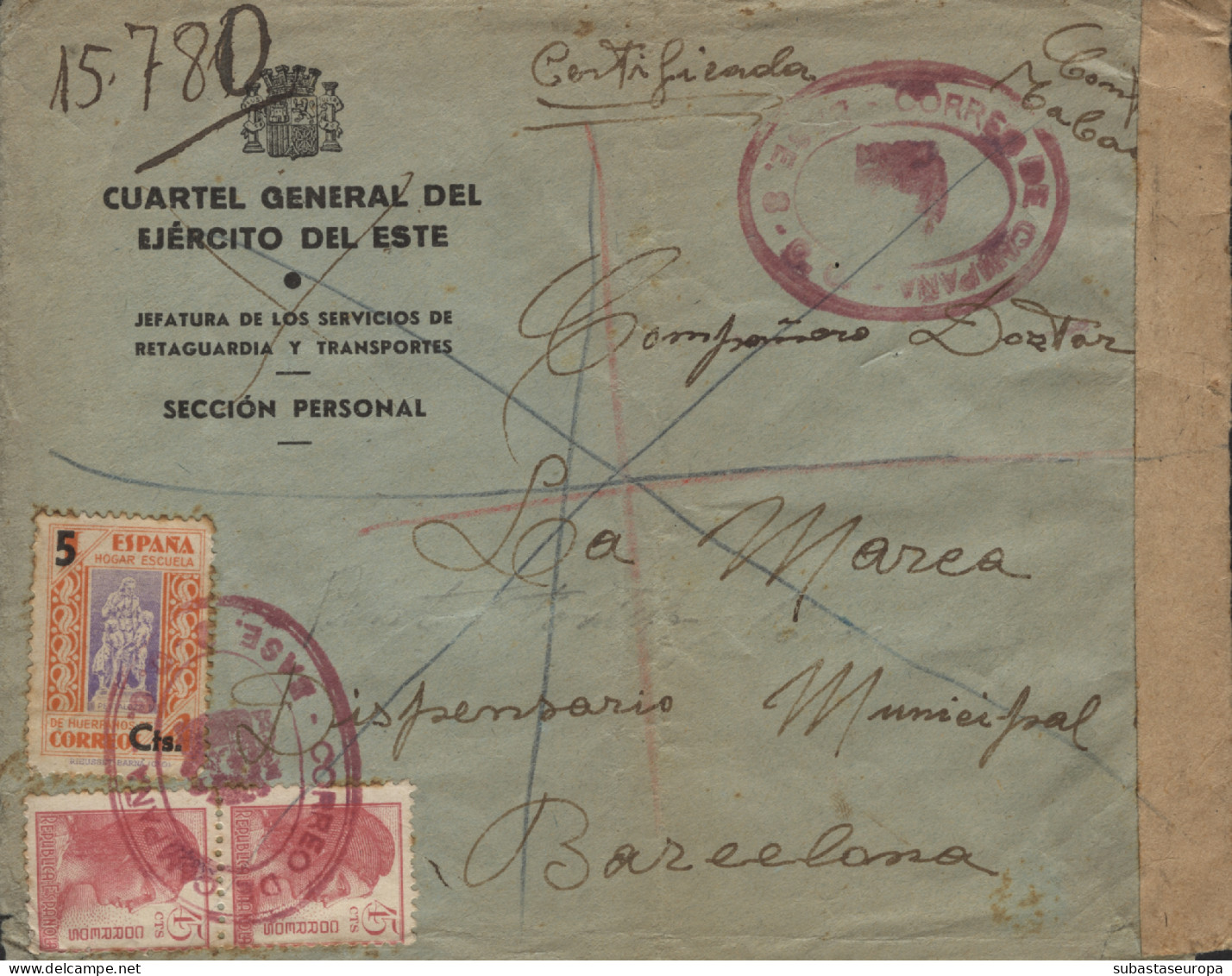 Carta Certificada Circulada Desde El Frente A Barcelona, El 12/11/38. Banda De Censura. - Marcas De Censura Republicana