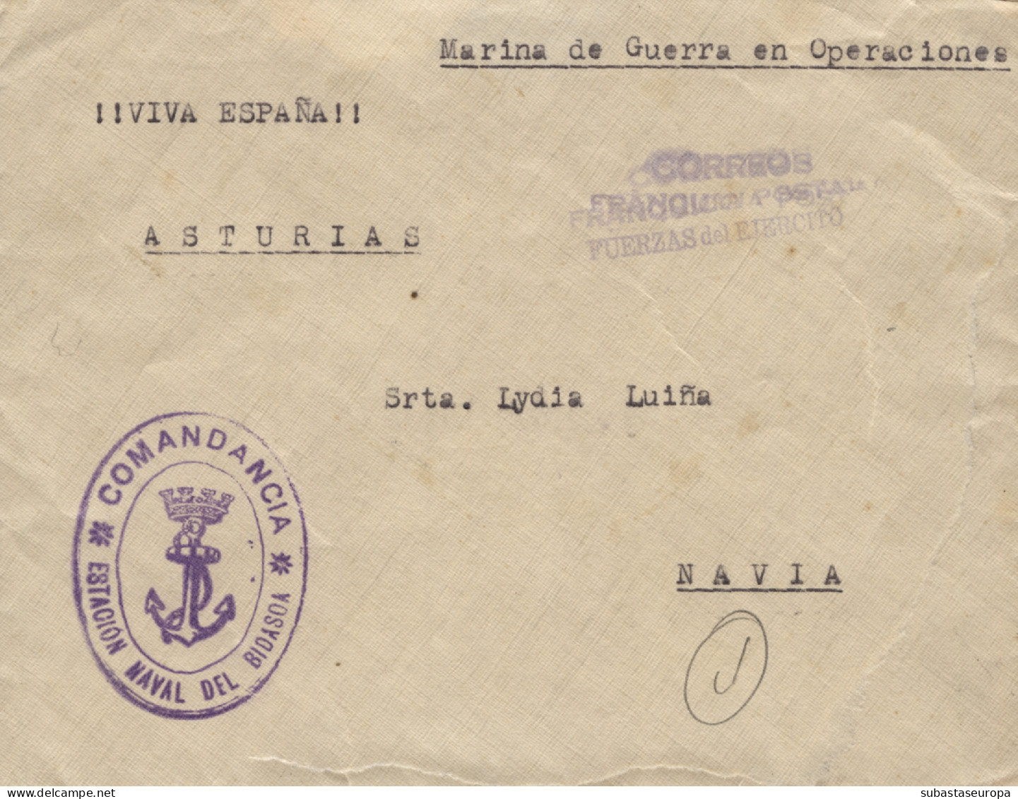 Carta Circulada A Navía (Asturias). Marca De Franquicia "Comandancia - Estación Naval Del Bidasoa Y "Correos  - Republikeinse Censuur