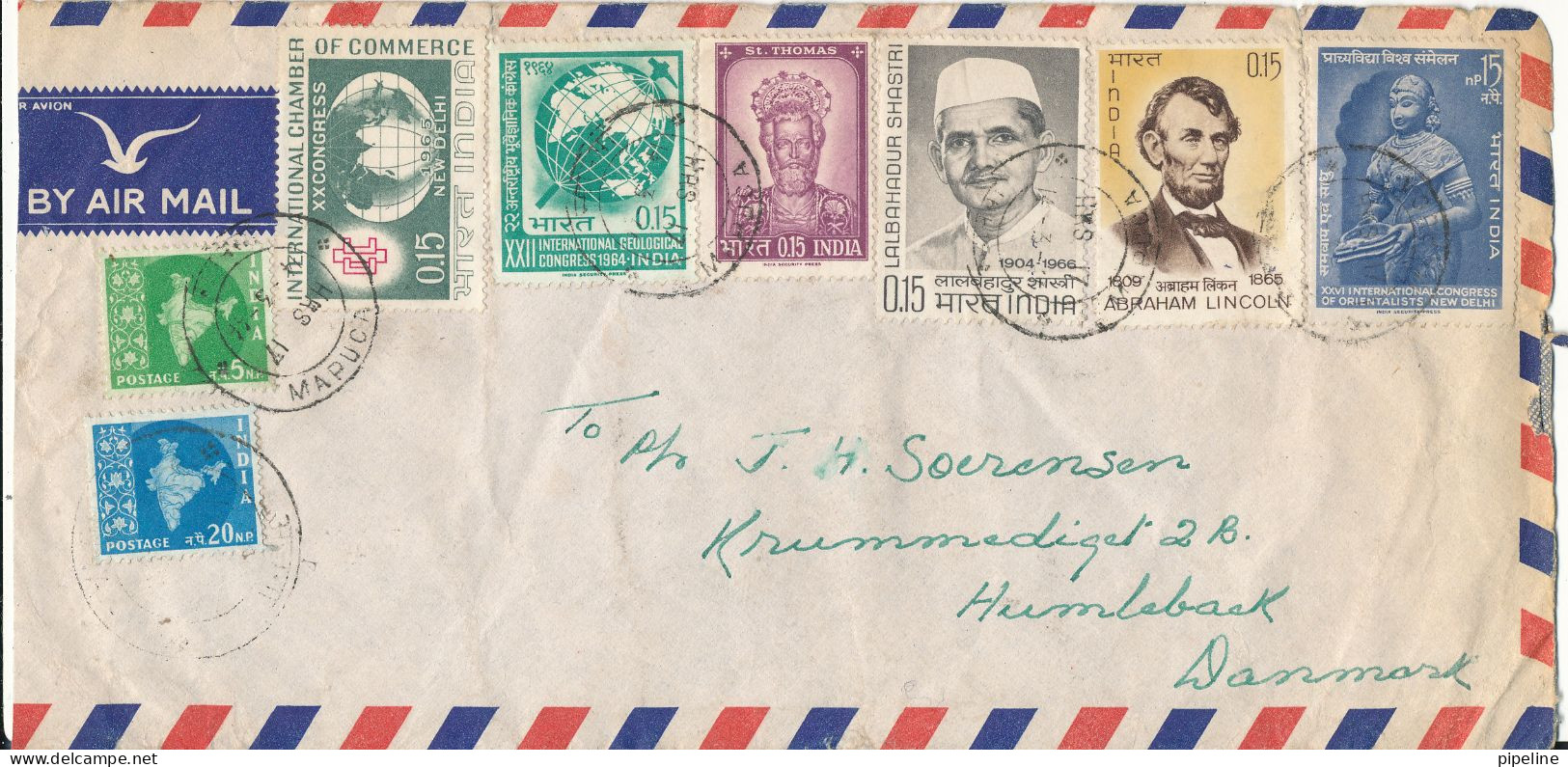 India Air Mail Cover Sent To Denmark 17-3-1965 With More Topic Stamps Including MAP (the Cover Is Cut In The Left Side) - Luftpost